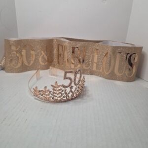 50th Birthday Rhinestone Pink Gold Tone Crown Headband with  Sash